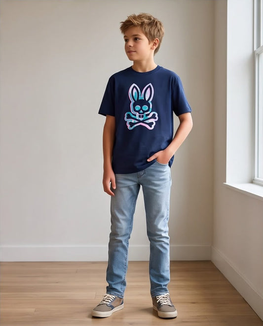 Camiseta Niño Psycho Bunny Contorno Rosa y Turquesa Azul Navy Semi Oversize