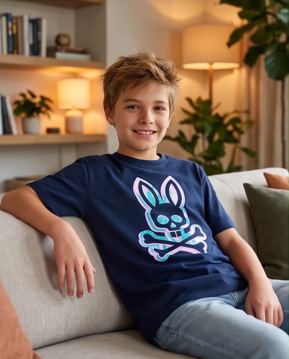 Camiseta Niño Psycho Bunny Contorno Rosa y Turquesa Azul Navy Semi Oversize