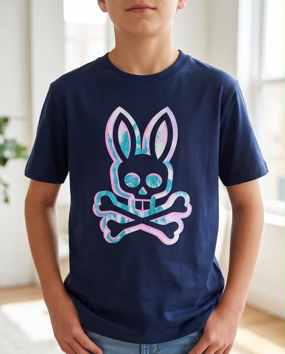 Camiseta Niño Psycho Bunny Contorno Rosa y Turquesa Azul Navy Semi Oversize