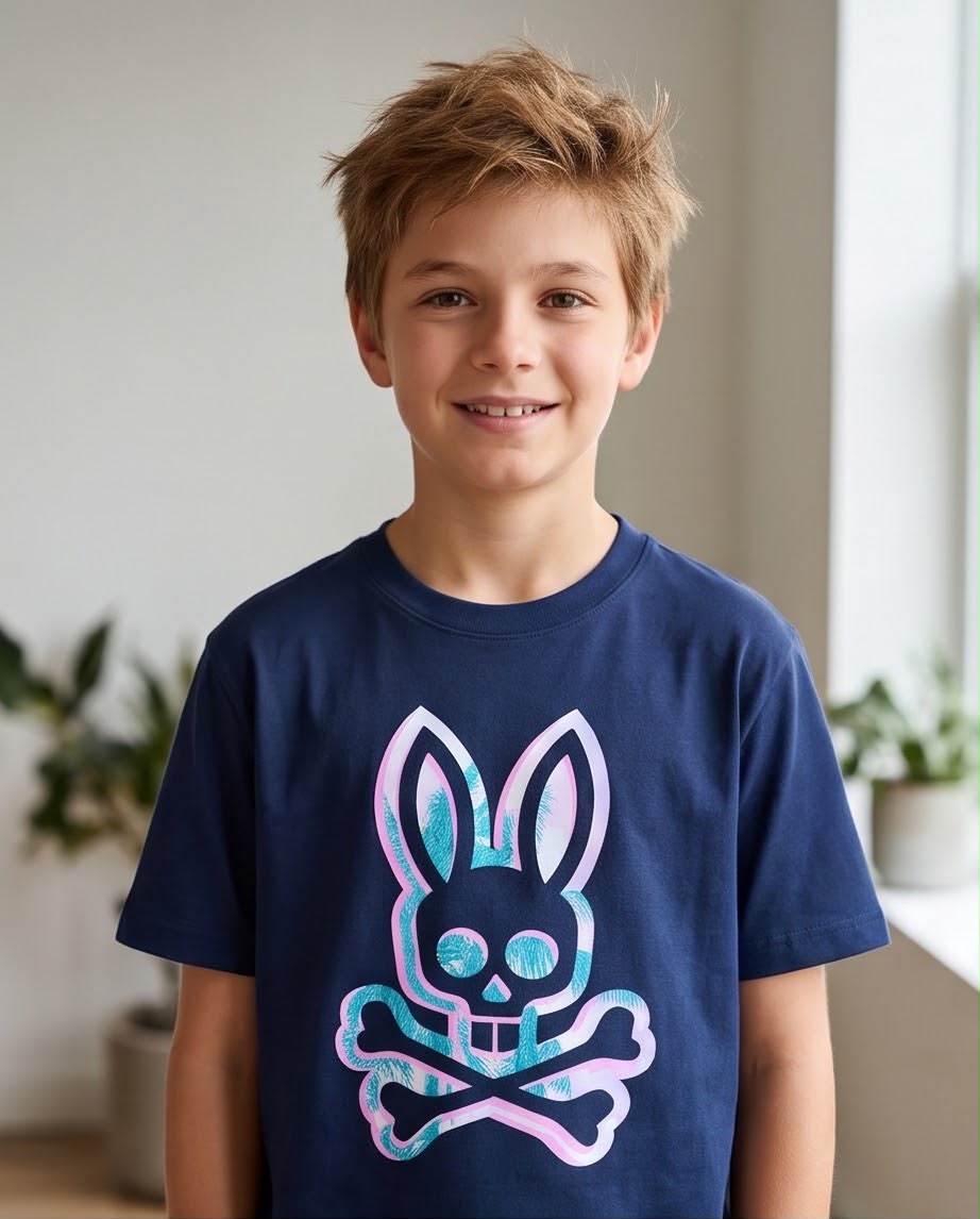 Camiseta Niño Psycho Bunny Contorno Rosa y Turquesa Azul Navy Semi Oversize
