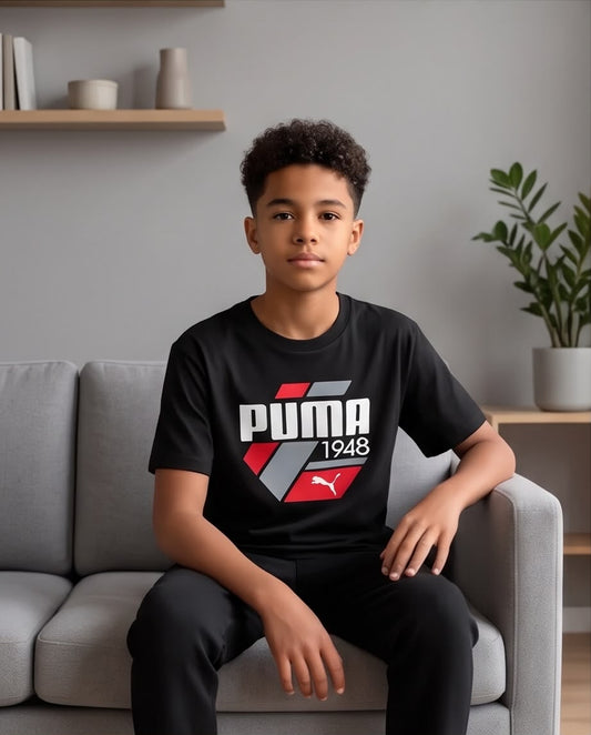 Camiseta Niño Puma 1948 Geométrica Roja y Gris Negra Semi Oversize
