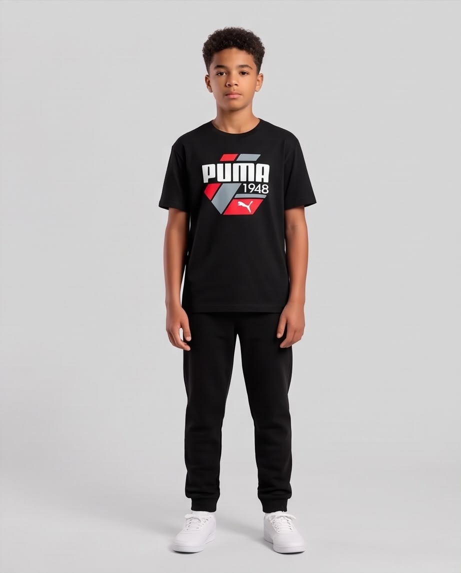 Camiseta Niño Puma 1948 Geométrica Roja y Gris Negra Semi Oversize