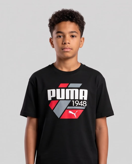 Camiseta Niño Puma 1948 Geométrica Roja y Gris Negra Semi Oversize