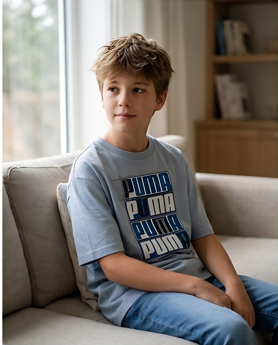 Camiseta Niño Puma Cuatro Filas Letras Azules Azul Cielo Semi Oversize