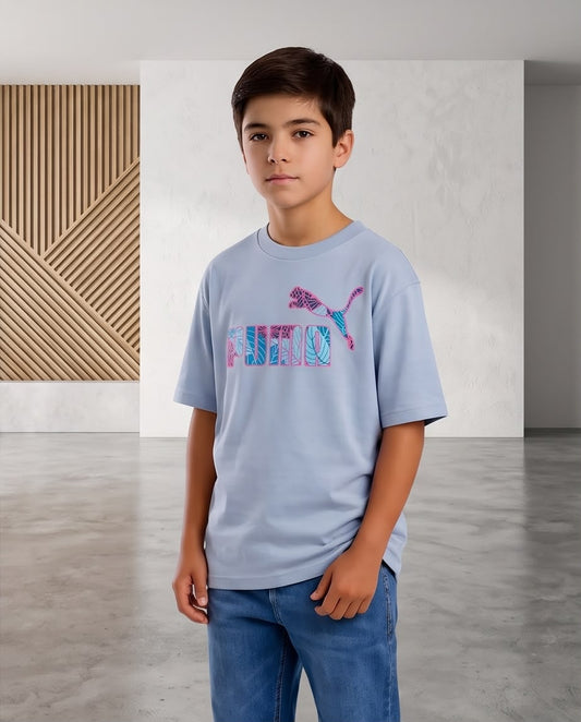 Camiseta Niño Puma Hojas Turquesa Contorno Rosa Azul Cielo Semi Oversize
