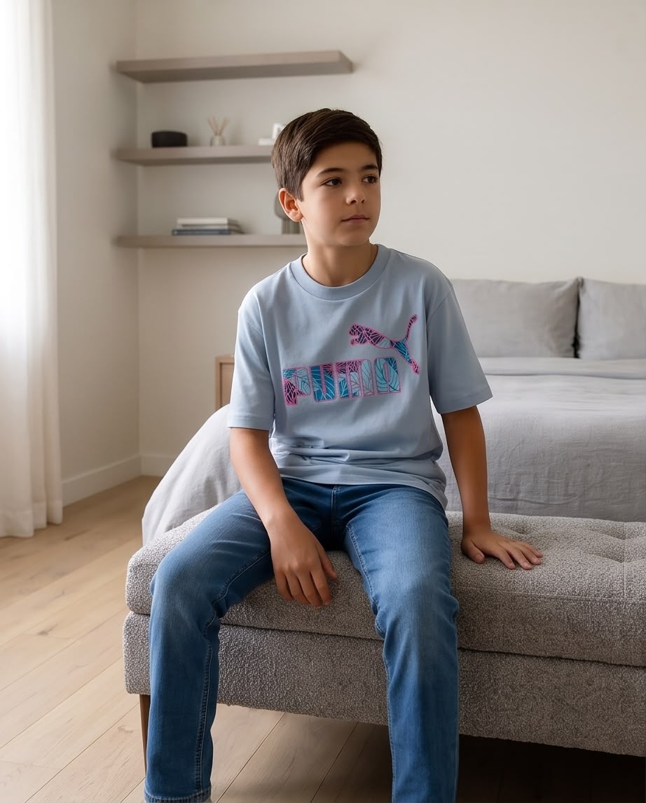 Camiseta Niño Puma Hojas Turquesa Contorno Rosa Azul Cielo Semi Oversize