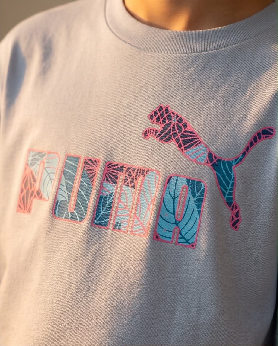 Camiseta Niño Puma Hojas Turquesa Contorno Rosa Azul Cielo Semi Oversize