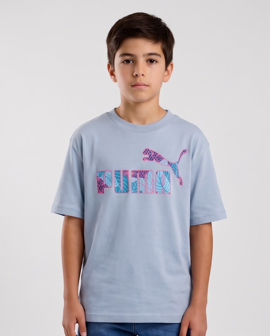 Camiseta Niño Puma Hojas Turquesa Contorno Rosa Azul Cielo Semi Oversize