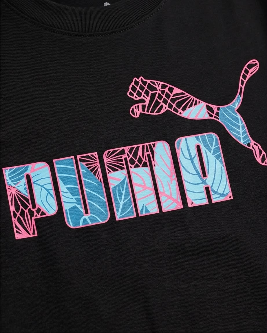 Camiseta Niño Puma Hojas Turquesa Contorno Rosa Negra Semi Oversize