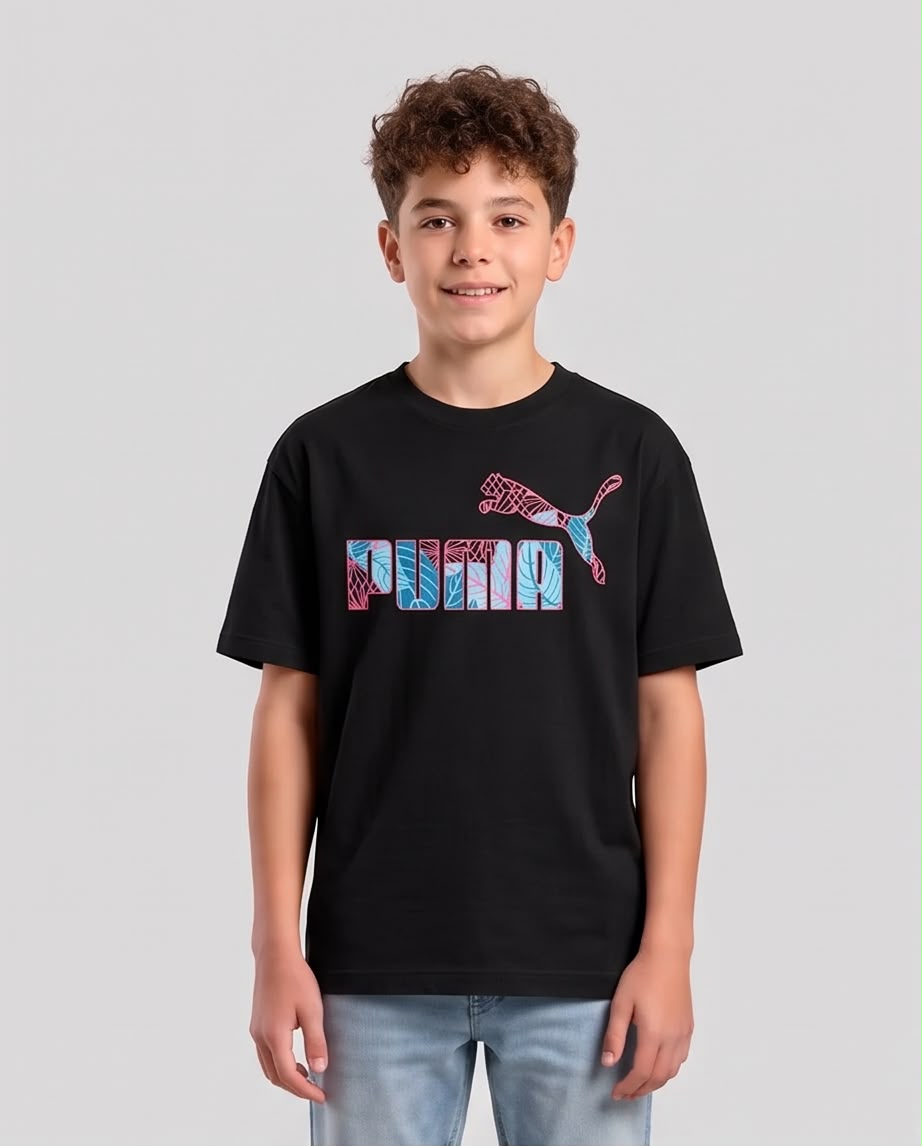 Camiseta Niño Puma Hojas Turquesa Contorno Rosa Negra Semi Oversize
