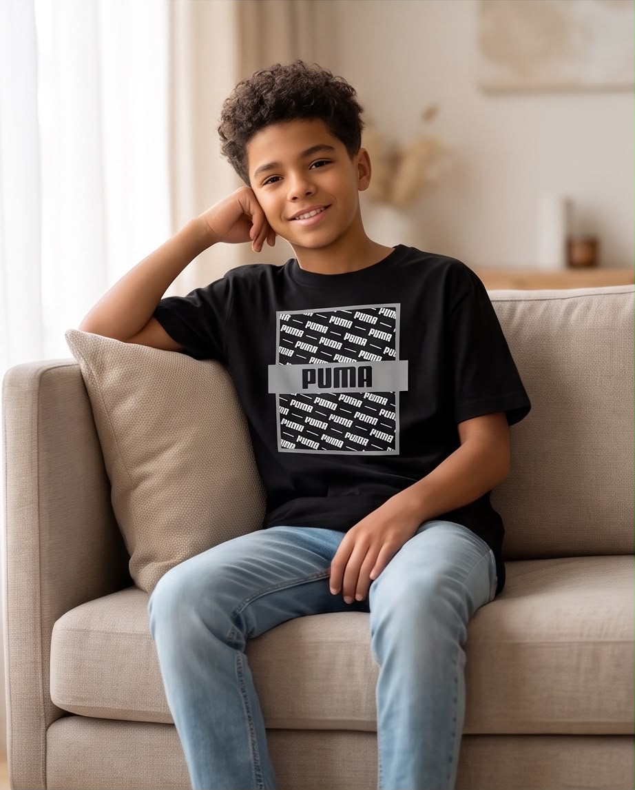 Camiseta Niño Puma Monograma Blanco Franja Gris Negra Semi Oversize