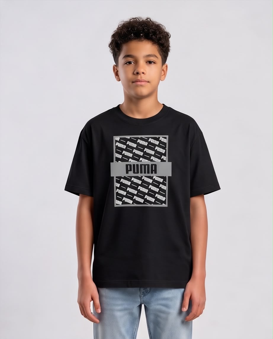 Camiseta Niño Puma Monograma Blanco Franja Gris Negra Semi Oversize