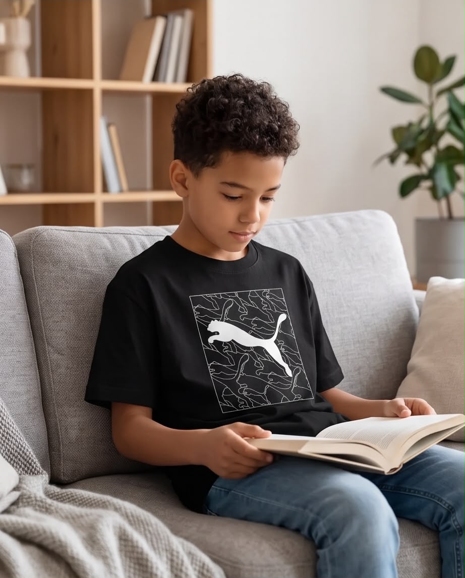 Camiseta Niño Puma Felino Blanco Fondo de Siluetas Negra Semi Oversize