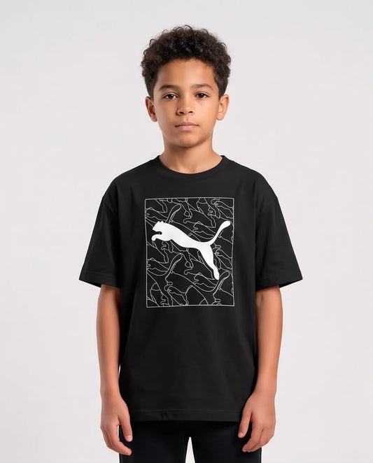 Camiseta Niño Puma Felino Blanco Fondo de Siluetas Negra Semi Oversize