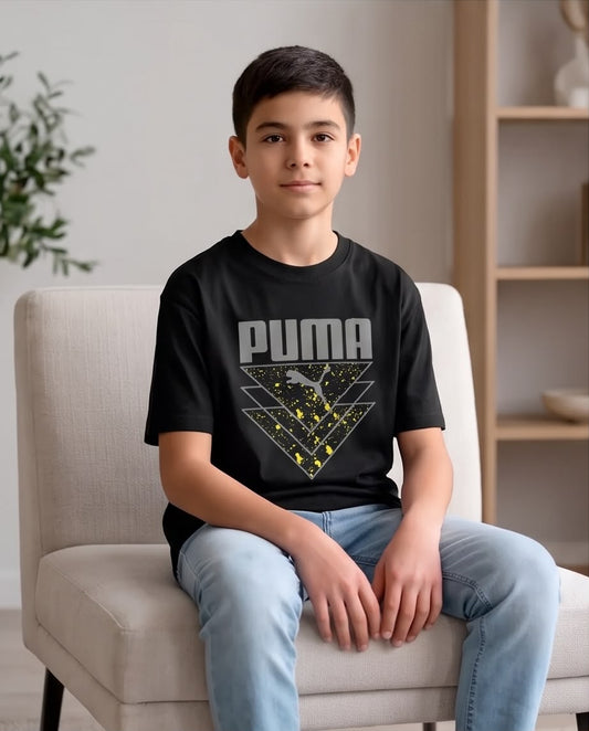 Camiseta Niño Puma Triángulos Grises Salpicaduras Amarillas Negra Semi Oversize