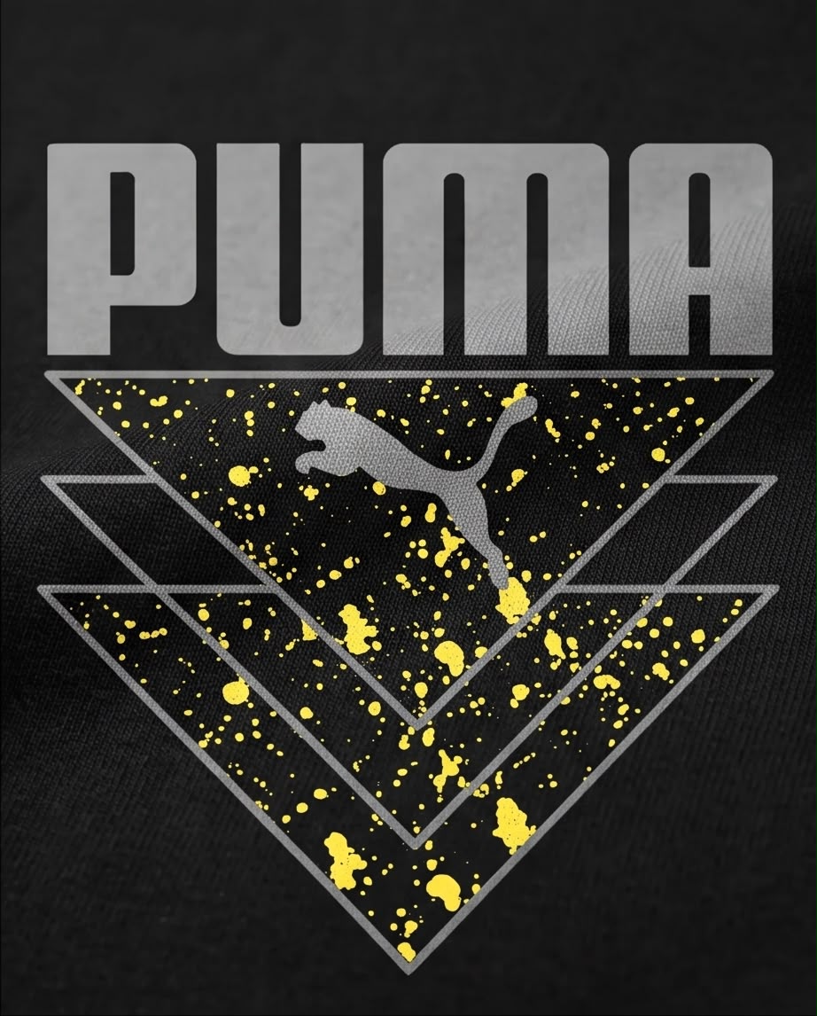 Camiseta Niño Puma Triángulos Grises Salpicaduras Amarillas Negra Semi Oversize