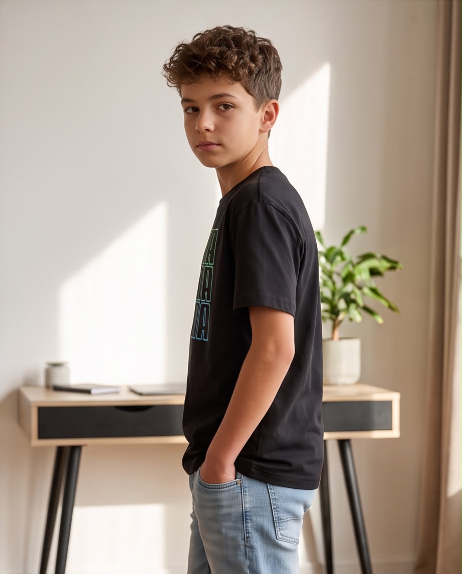Camiseta Niño Puma Tres Filas Contorno Verde y Azul Negra Semi Oversize