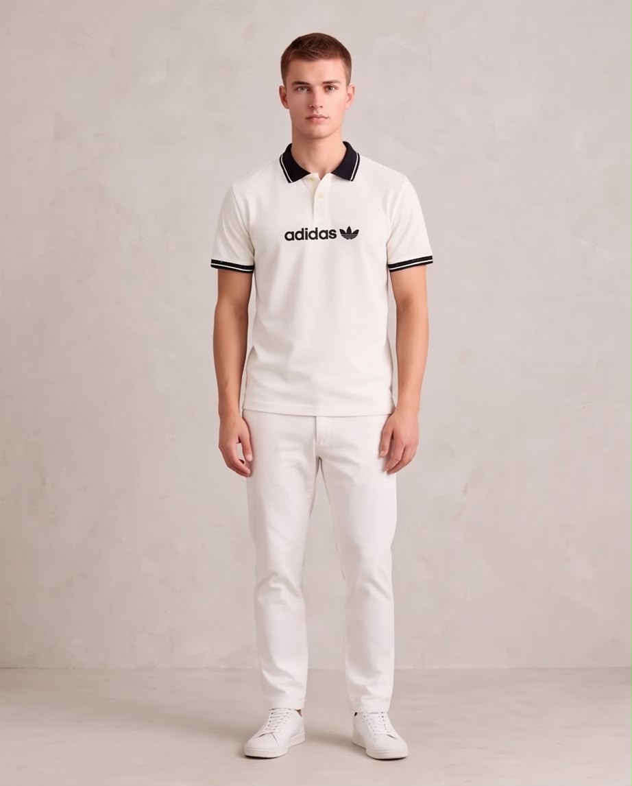 Camiseta Tipo Polo Marfil adidas Trébol Negro Cuello y Puños Negros Regular Fit