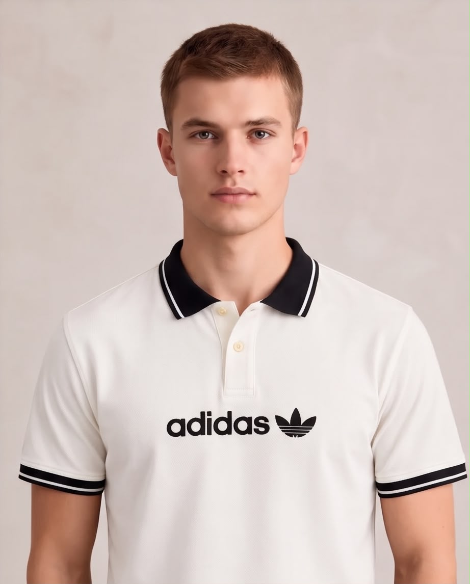 Camiseta Tipo Polo Marfil adidas Trébol Negro Cuello y Puños Negros Regular Fit