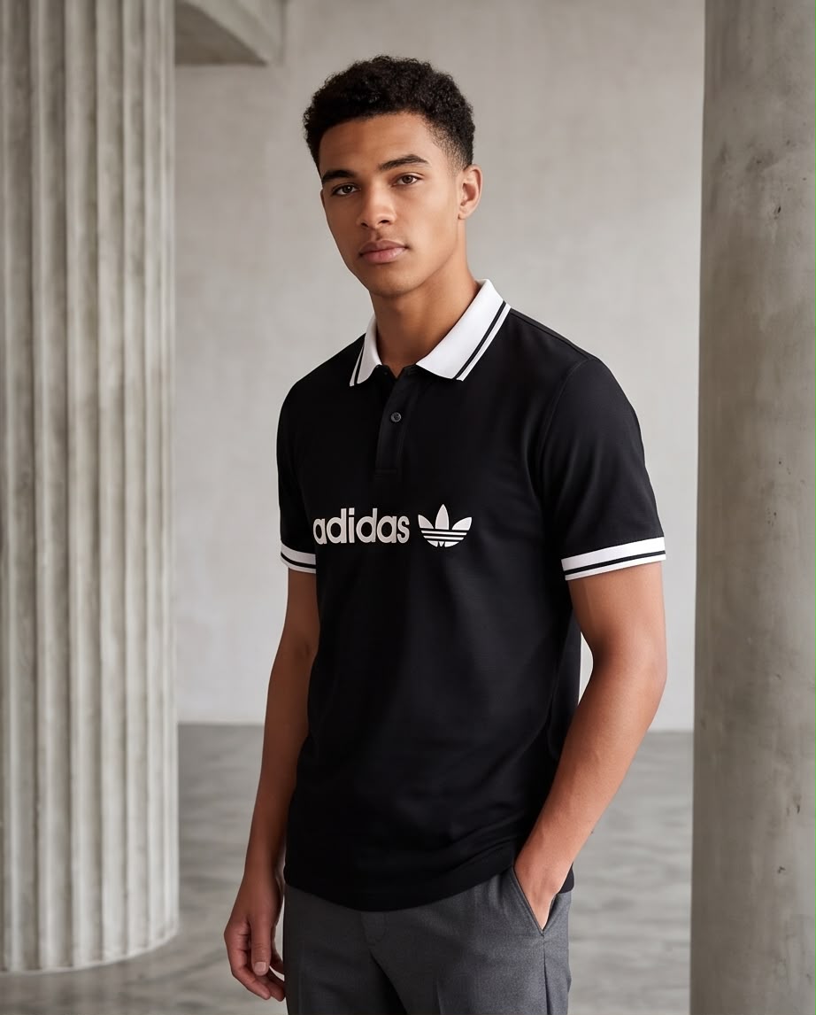 Camiseta Tipo Polo Negra adidas Trébol Blanco Cuello y Puños Blancos Regular Fit