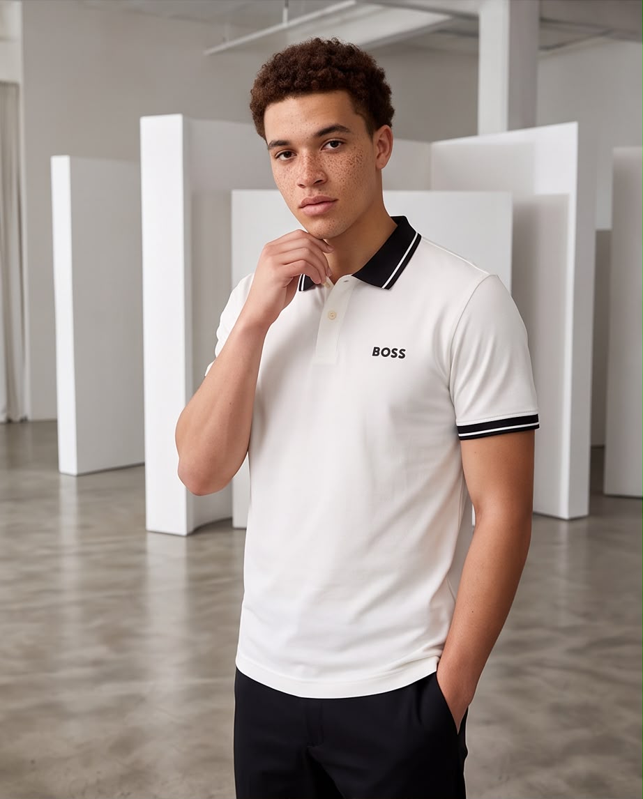 Camiseta Tipo Polo Marfil BOSS Logo Pequeño Cuello y Puños Negros Regular Fit