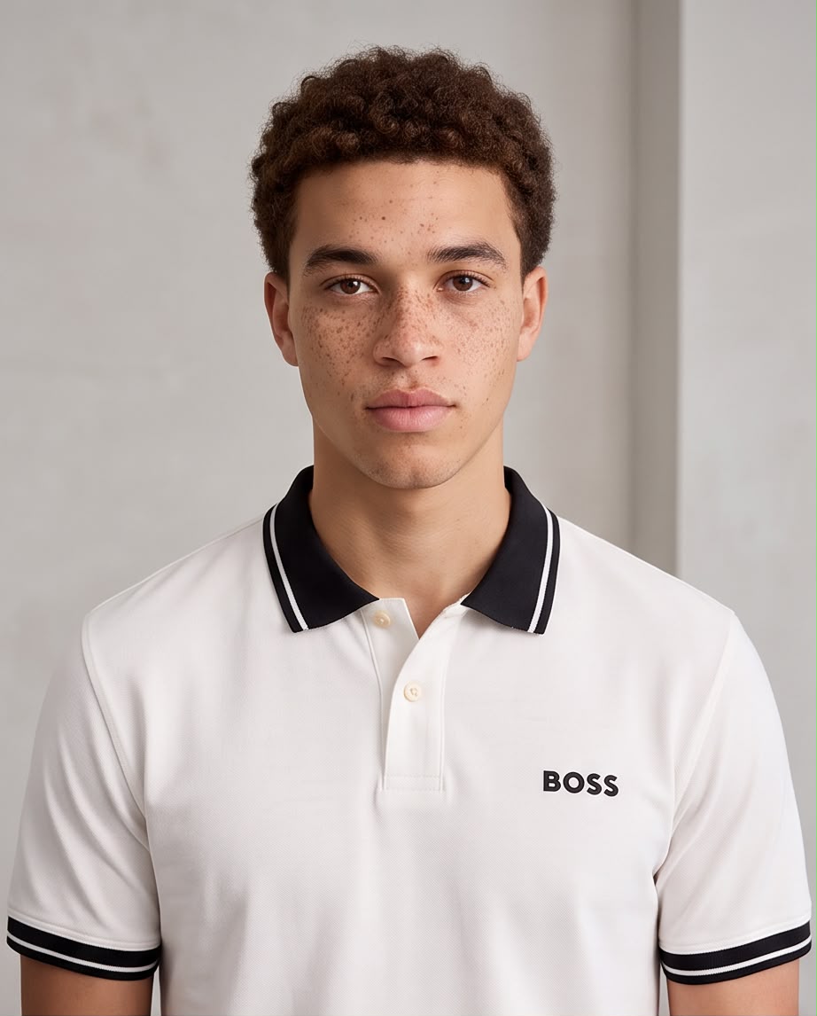 Camiseta Tipo Polo Marfil BOSS Logo Pequeño Cuello y Puños Negros Regular Fit