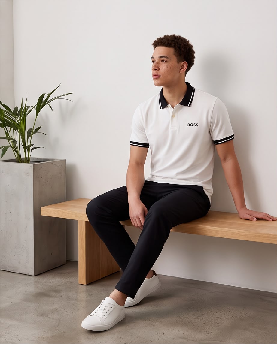 Camiseta Tipo Polo Marfil BOSS Logo Pequeño Cuello y Puños Negros Regular Fit