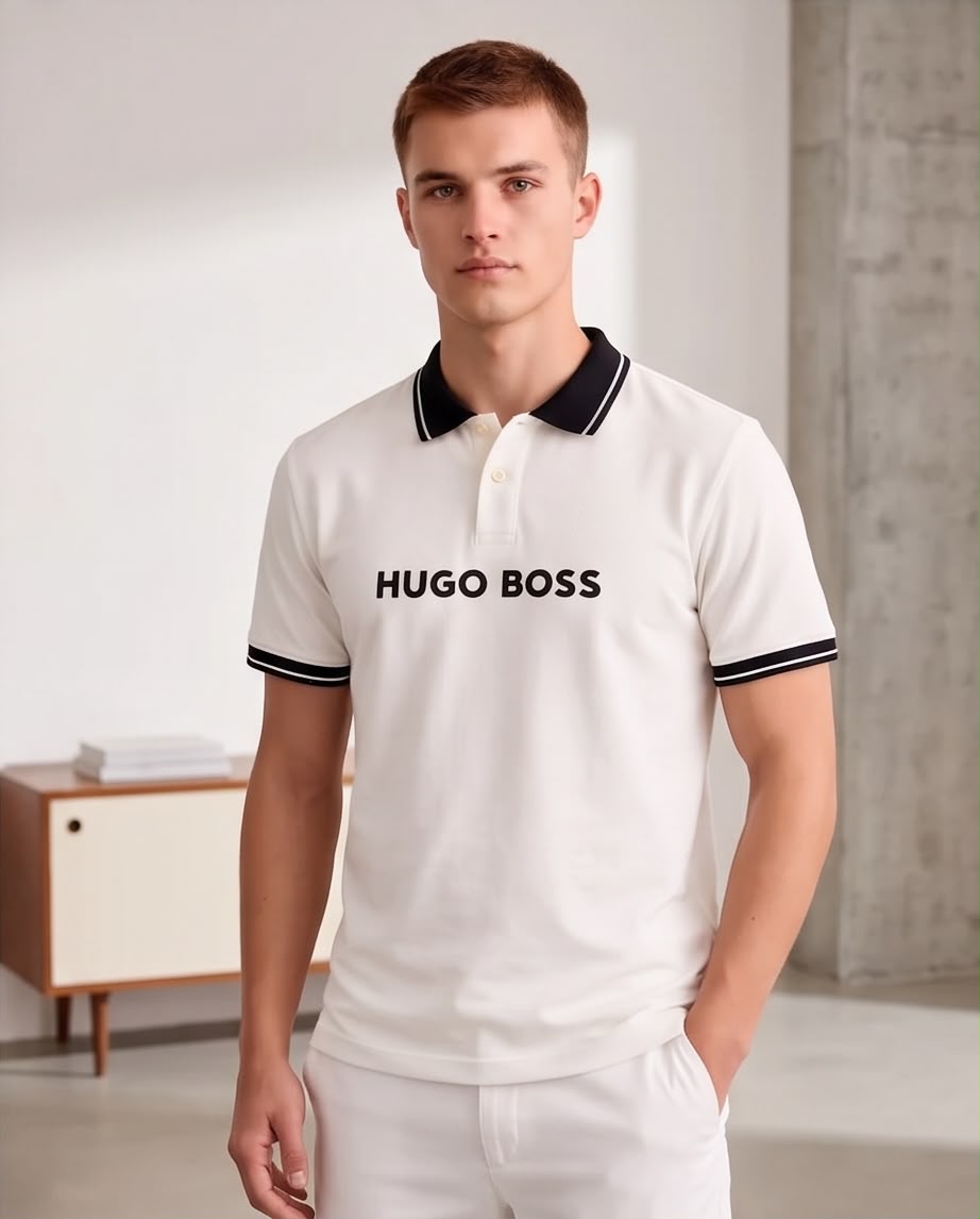 Camiseta Tipo Polo Marfil HUGO BOSS Cuello y Puños Negros Regular Fit