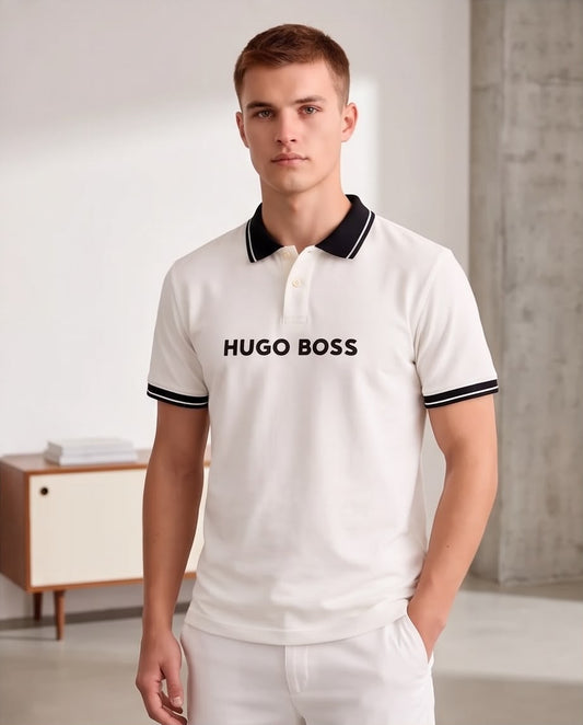 Camiseta Tipo Polo Marfil HUGO BOSS Cuello y Puños Negros Regular Fit