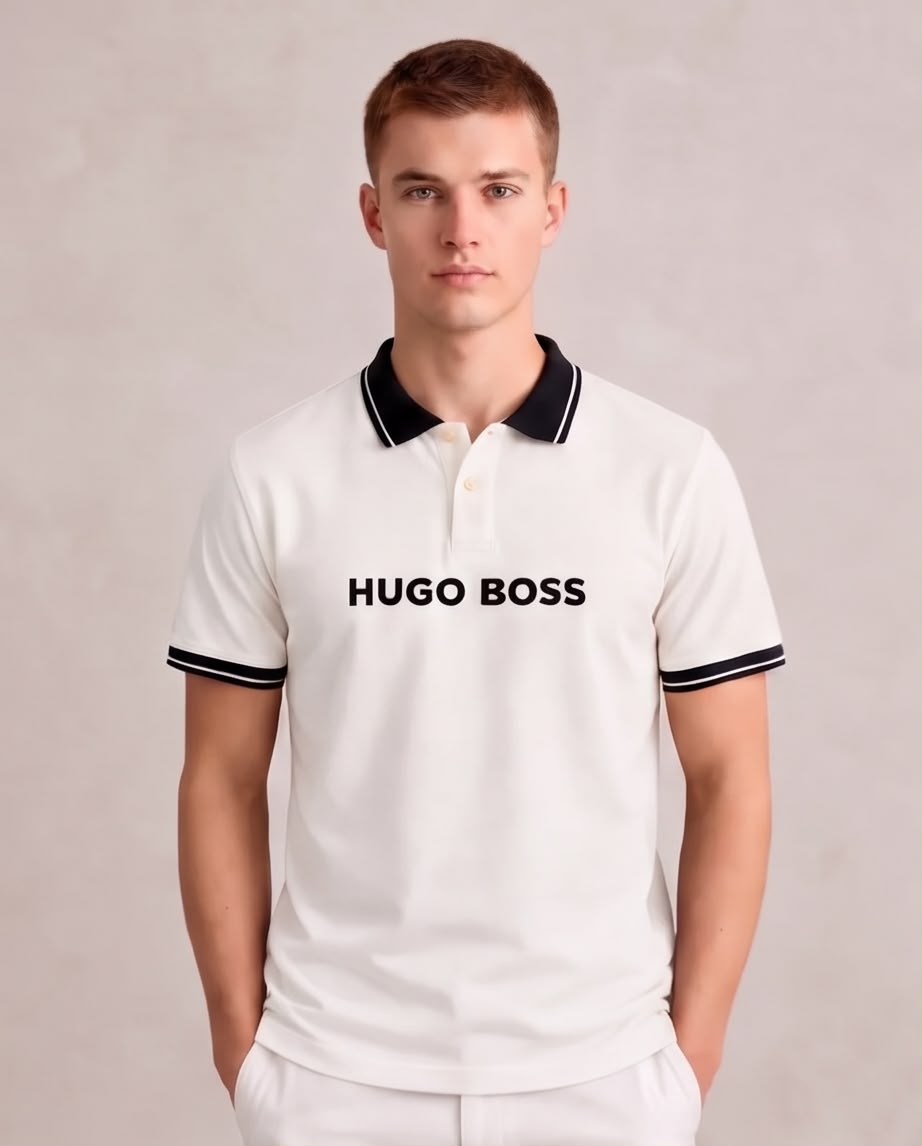 Camiseta Tipo Polo Marfil HUGO BOSS Cuello y Puños Negros Regular Fit