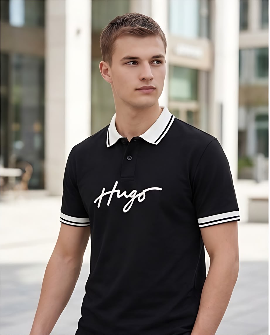 Camiseta Tipo Polo Negra HUGO Firma Blanca Cuello y Puños Blancos Regular Fit