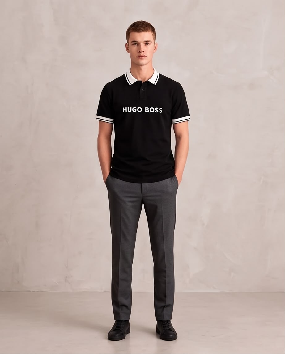 Camiseta Tipo Polo Negra HUGO BOSS Cuello y Puños Blancos Regular Fit