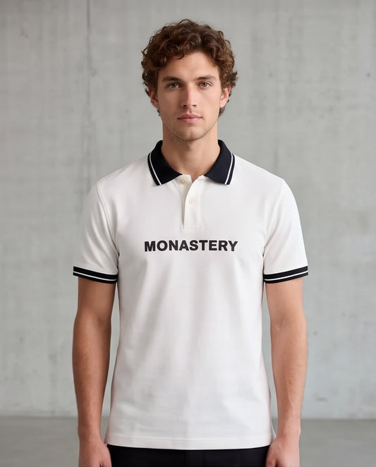 Camiseta Tipo Polo Marfil MONASTERY Cuello y Puños Negros Regular Fit