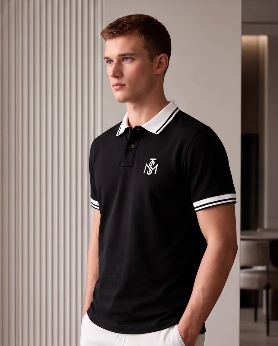 Camiseta Tipo Polo Negra MONASTERY Monograma Blanco Cuello y Puños Blancos Regular Fit