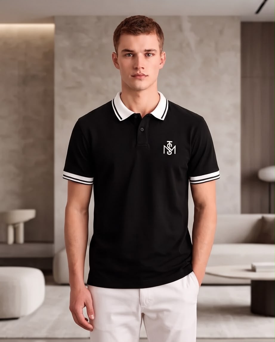 Camiseta Tipo Polo Negra MONASTERY Monograma Blanco Cuello y Puños Blancos Regular Fit