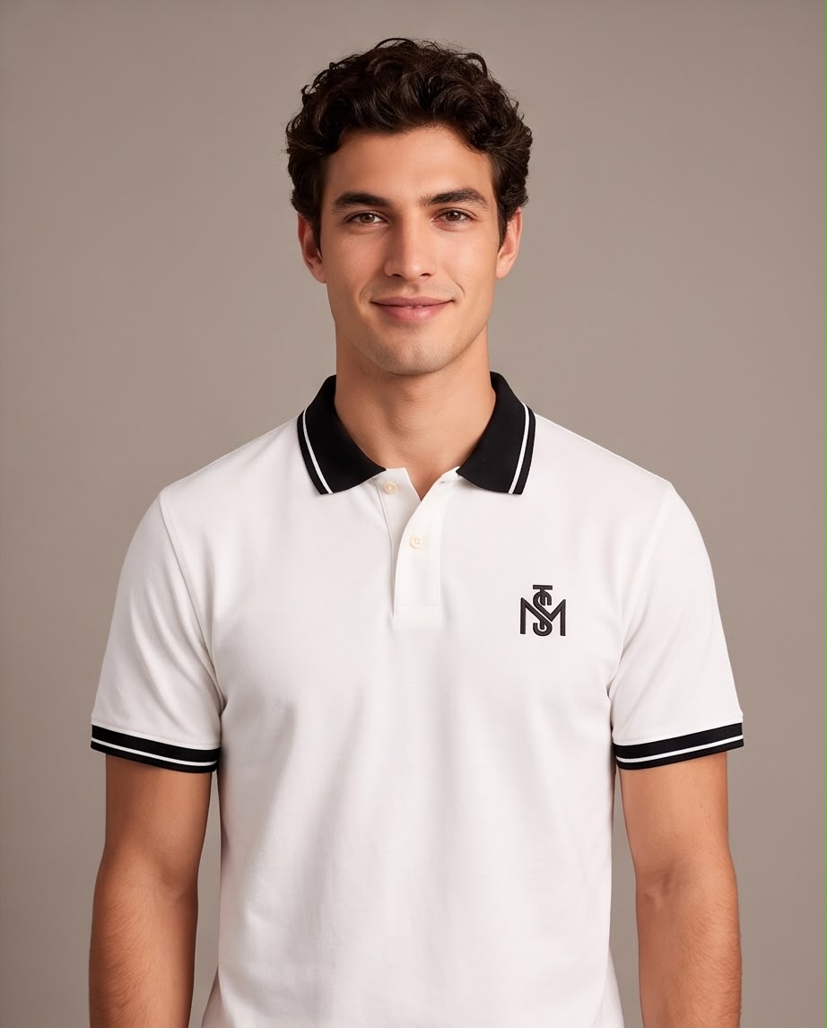Camiseta Tipo Polo Marfil MONASTERY Monograma Negro Cuello y Puños Negros Regular Fit