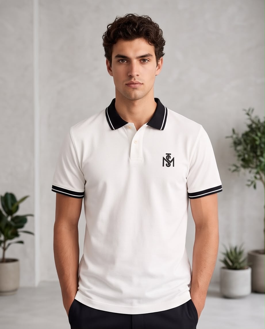 Camiseta Tipo Polo Marfil MONASTERY Monograma Negro Cuello y Puños Negros Regular Fit