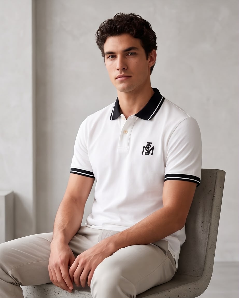 Camiseta Tipo Polo Marfil MONASTERY Monograma Negro Cuello y Puños Negros Regular Fit