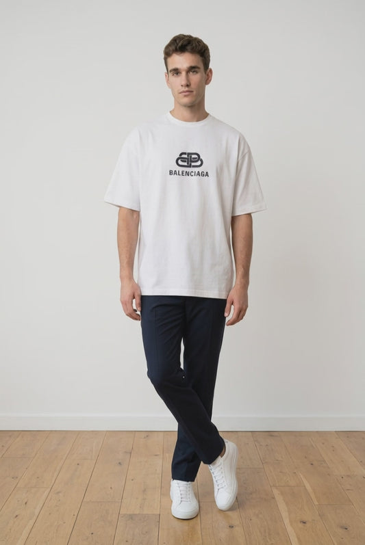 Camiseta Balenciaga Logo BB Clasico Blanca Oversize Hombre - Manga Corta Algodón