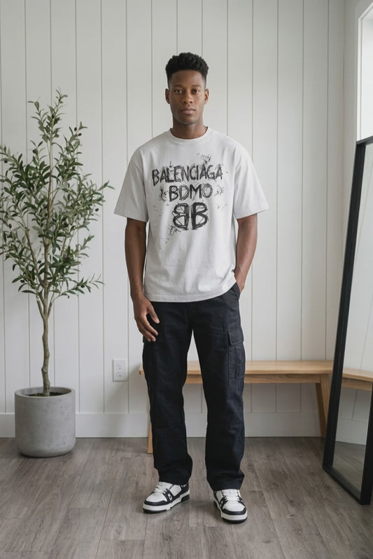 Camiseta Balenciaga Logo Grunge BB Blanca Oversize Hombre - Manga Corta Algodón