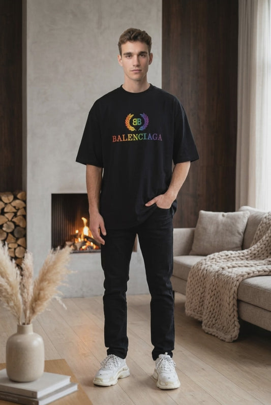 Camiseta Balenciaga Logo BB Laurel Multicolor Negra Oversize Hombre - Manga Corta Algodón
