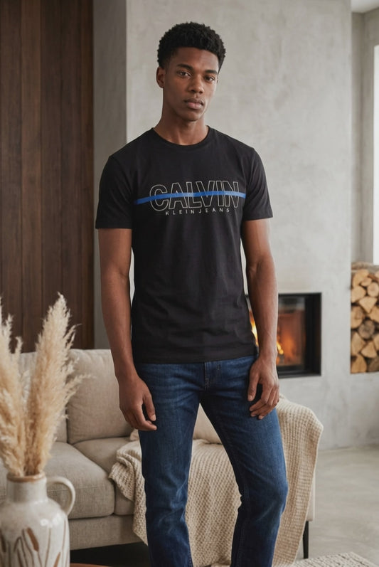 Camiseta Calvin Klein Logo Linea Azul Negra Hombre - Manga Corta Algodón